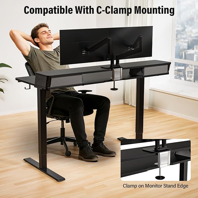 Kingant 40 x 24 Inch Small Electric Standing Desk with Dual Drawers, Height Adjustable Sit to Stand Computer Desk with Storage Shelf and C-Clamp Mount Compatibility for Home Office, Black