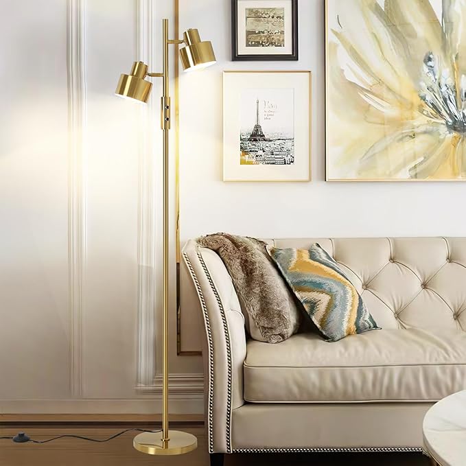 Dimming Floor Lamp with 2 Adjustable Head,Tall Modern Industrial Vintage Standing Lamps for Living Room, Bedroom, Office,Study,Gold Corner Light for Reading