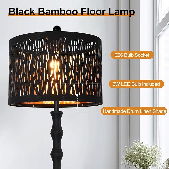 Black Floor Lamp for Living Room Bedroom,Farmhouse Rustic Tall Lamp,Vintage Modern Standing Lamp with Unique Drum Lampshade,Gothic Mid Century Iron Floor Lamp for Office Corner(Bulb Included)