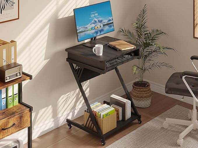 Zenira Small 24 Inch Tall Computer Desk with Drawers, Corner Gaming Desk for Bedroom, Home, Office, Black