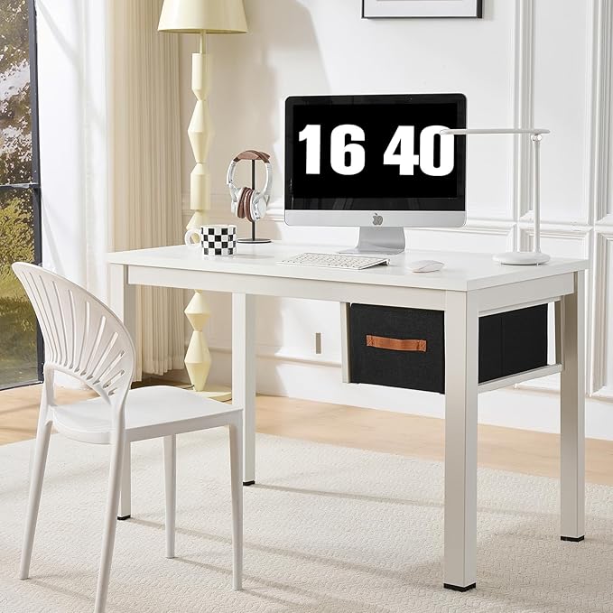 White Computer Desk with Drawer, 47 Inch Home Office Work Desks, Modern Writing Study PC Desk Gaming Table for Small Place Bedroom, Thickened Tabletop and Stable Metal Frame Leg Support