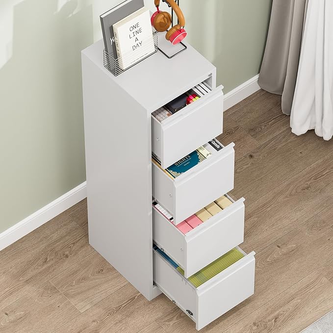 4 Drawer File Cabinet with Lock,Metal Vertical Filing Cabinets for Home Office,Heavy Duty File Storage Cabinet for Letter/Legal/A4/F4 Size File,Easy to Assemble,Black,White