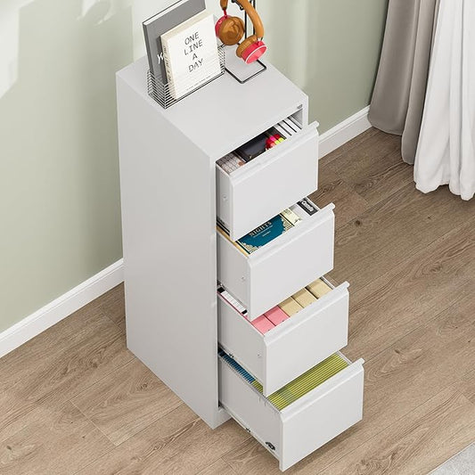 4 Drawer File Cabinet with Lock,Metal Vertical Filing Cabinets for Home Office,Heavy Duty File Storage Cabinet for Letter/Legal/A4/F4 Size File,Easy to Assemble,Black,White