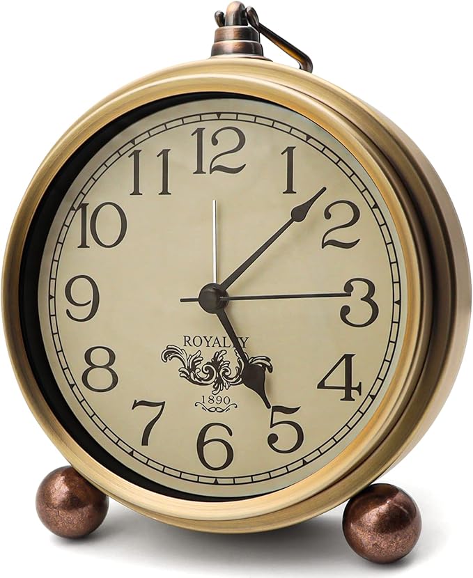 Maxspace Metal Golden Table Clock, Retro Vintage Non-Ticking Small Alarm Clock,Battery Operated Silent Quartz Movement HD Glass Desk Clock for Bedroom Living Room Indoor Decoration Kids… (Arabic2)
