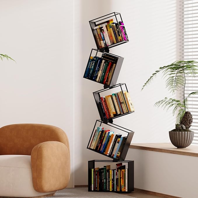 5-Tier Metal Bookshelf – Modern Geometric Narrow Bookcase with Matte Black Finish, Tall Storage Organizer Display Shelf for Living Room, Bedroom, Office, Small Spaces
