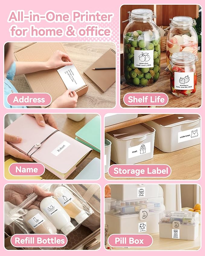 Aptika Sticker Printer - Mini Printer with 14 Rolls Self-Adhesive Papers, Pocket Label Maker for iPhone/Android, Bluetooth Thermal Machine for Students Children Birthday, Pink