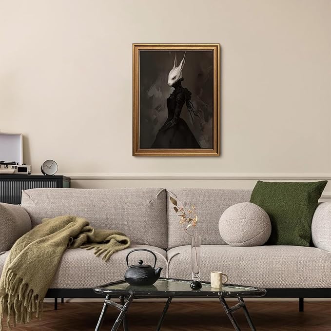 Gold Framed Wall Art Vintage Canvas Wall Art Rabbit Lady Aesthetic Dark Academia Easter Bunny Artwork Prints Picture for Living Room Bedroom Farmhouse Bathroom Office Decor, 16x24