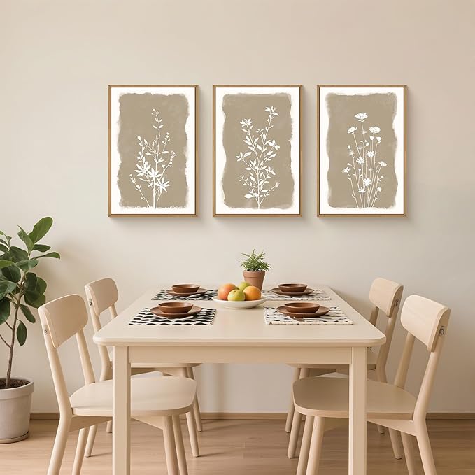 Large Netural Minimalist Wildflowers Framed Canvas Wall Art Set,Vintage Natural Floral Wall Decor,Modern Boho Beige Flower Botanical Artwork for Living Room,Bedroom,Office-16 x24 x3