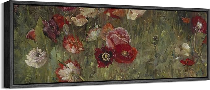 SIGNFORD Large Framed Canvas Vintage Red and White Poppy Field Illustrations Modern Art Calm Warm for Living Room, Bedroom, Office - 60"x20"
