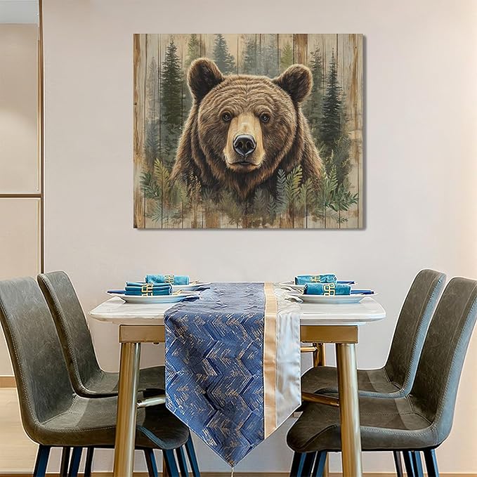 Farmhouse Bear Wall Art Rustic Forest Pictures Decor Woodland Wildlife Painting Canvas Print Modern Home Decoration Artwork for Living Room Bathroom Bedroom Office Framed 24"x20"