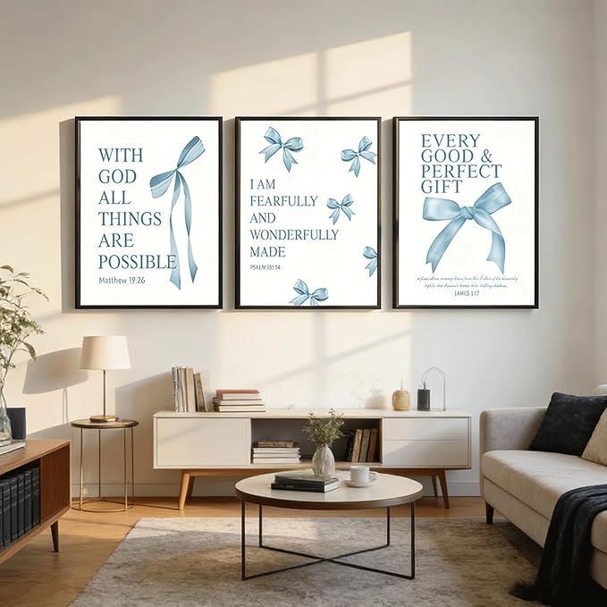 3 Pcs Blue Bow Wall Art Inspirational BiblePreppy Painting Pictures Wall Decor Blue Bow Bible Posters Prints Artwork Aesthetic for Girls Room College Apartment Living Room Bedroom Unframed