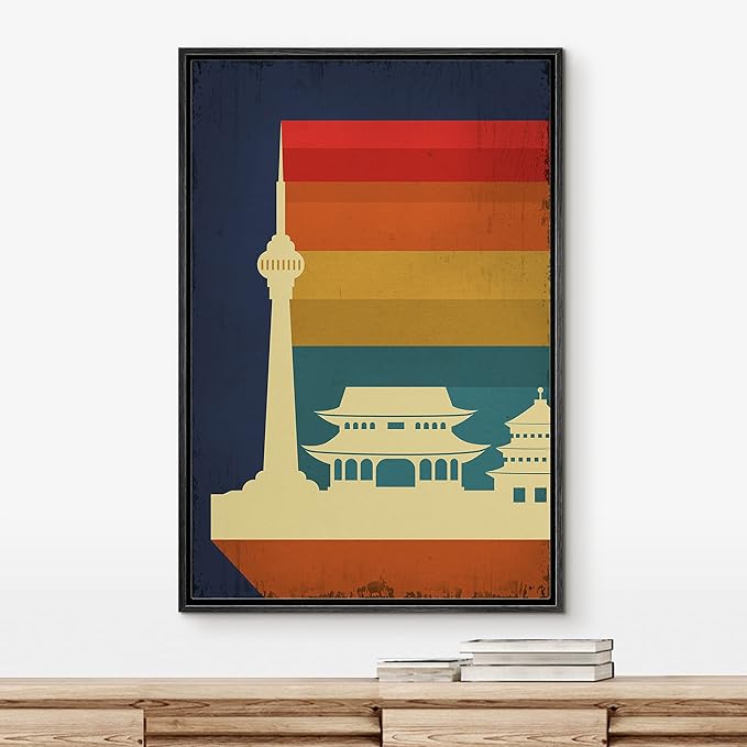 IDEA4WALL Framed Canvas Print Wall Art Retro Vintage Chinese Capitol Poster Cultural Building Illustrations Modern Art Contemporary Scenic Warm for Living Room, Bedroom, Office - 16"x24" BLACK