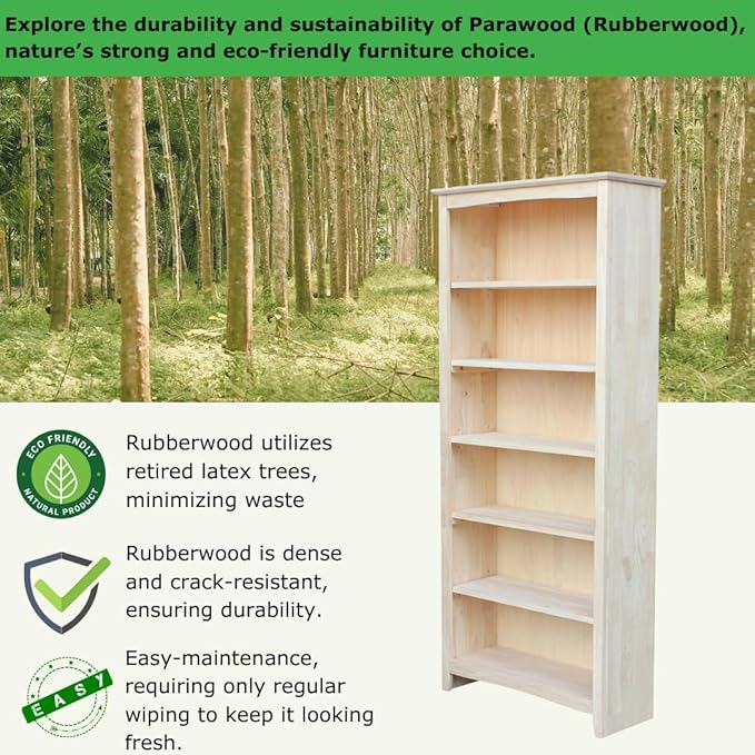 International Concepts Tall Shaker Bookcase, 72-Inch High, Solid Parawood, Unfinished