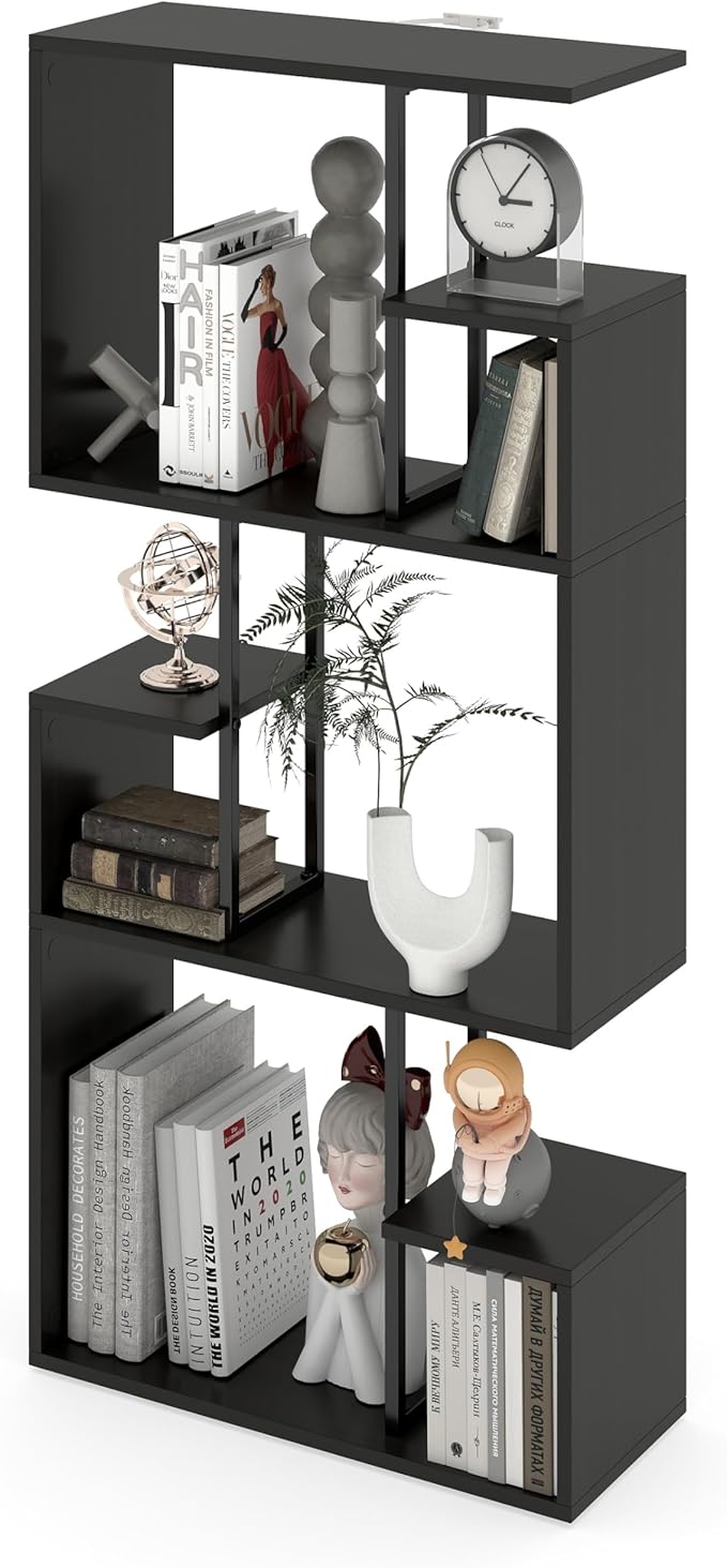 Manora 3 Tier Geometric Bookcase, S Shaped Bookshelf, Modern Black Brown Bookcase with Tall Display Shelves, Decorative Storage Shelf for Living Room and Bedroom