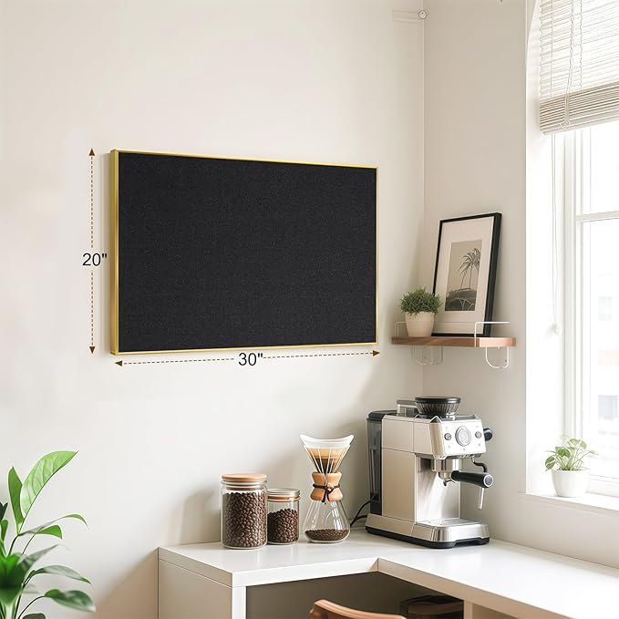 Linen Bulletin Board 30 x 20 Inches, White Cork Board for Wall, Gold Aluminum Framed Fabric Pin Board Tack Board, 10 Push Pins, Black Linen