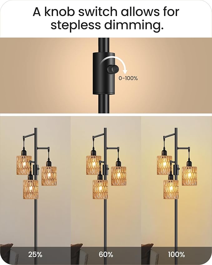 Dimmable Floor Lamp, Farmhouse Tall Standing 70.3" Tree Lamp with 3 Rope Woven Lampshades, Boho Rattan Floor Lights, 4W 3 LED Bulbs Included, for Living Room, Bedroom, Study, Office B03LD05