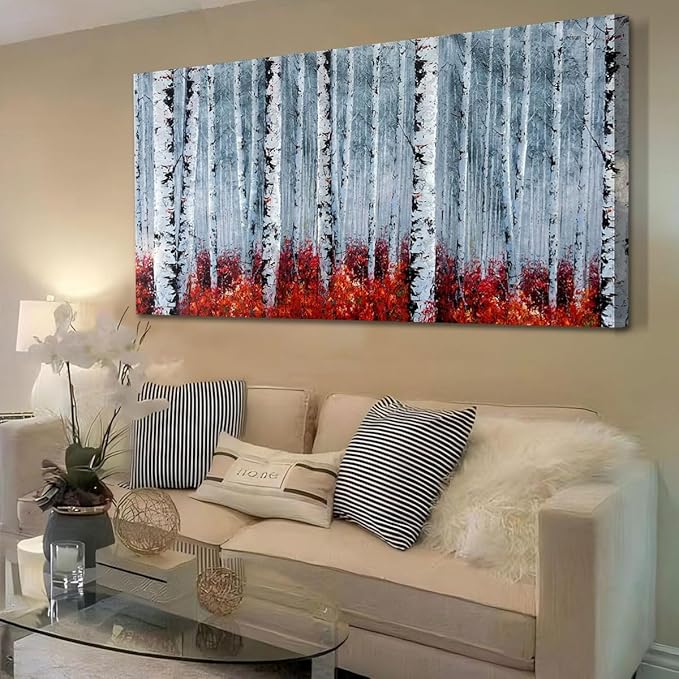 Arjun Birch Tree Wall Art White Landscape Painting Grey Canvas Forest Red Nature Panoramic Picture Rustic for Living Room Bedroom Home Office Decor, Large 48"x24"