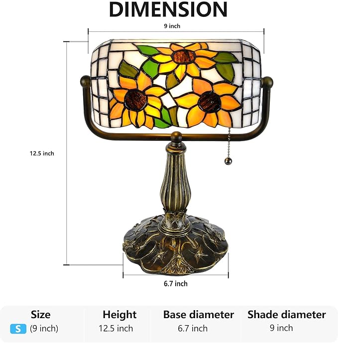 Tiffany Bankers Desk Lamp with Adjustable Shade, Sunflower Stained Glass Piano Light with LED Bulb, Handmade Vintage Tiffany Style Lamp for Office, Bedroom, or Home Décor.