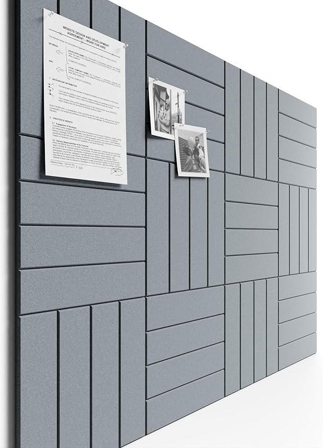 Bumusty Large Cork Board Alternative-48 x 36" Felt Bulletin Board Tiles, with 30 Pushpins, 70 Adhesive Tabs, 12-Pack Slat Wall Paneling, Cork Boards for Office Push Pin Board Felt Board-Blue Gray