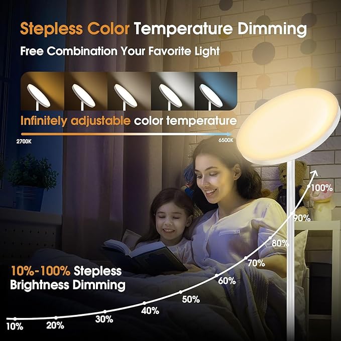 30W/2600LM Bright Floor Lamp with Remote Control, RGB Color Changing Torchiere Floor Lamp, Stepless Adjust Color Temperatures and Brightness for Bedroom and Play Room