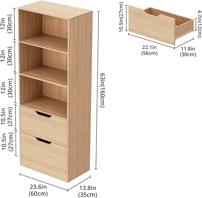 Bookcase with 2 Drawers, 63" 3-Tier Bookshelf with Storage, 3 Shelf Bookshelf with Adjustable Shelf, Modern Bookshelf, Open Shelves Bookcase for Study, Bedroom & Home Office, Oak