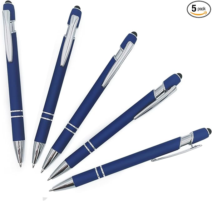 Pack of 5 Rubberized Comfort Soft Touch 2 in 1 Ballpoint Pen Capacitive Stylus Tip, Premium Metal Medium Point, Black Ink, Compatible with Most Touch Screens (Dark Navy Blue)