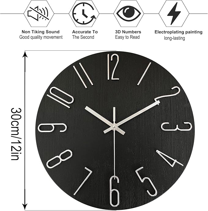 AIRUIFU Wall Clock 12 Inch Silent Non-Ticking Modern Clocks Battery Operated - Analog Small Classic for Office, Home, Bathroom, Kitchen, Bedroom, School, Living Room(Black)