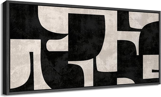 SIGNFORD Extra Large Framed Canvas Black and Beige Geometric Abstract Mid-Century Illustrations Modern Art Calm Warm for Living Room, Bedroom, Office - 60"x30"