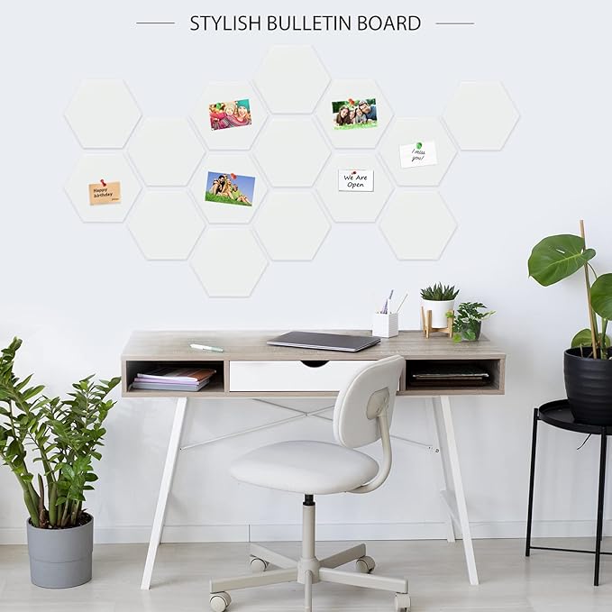 BXI Hexagon Felt Bulletin Board - 14.2 X 12.3 X 3/8 Inches 6 Pcs Self-Adhesive Poster Cork Board 30 Push Pins, Thick Pin Tiles Display Vision Board, Photo Picture Panels for Home Office Classroom