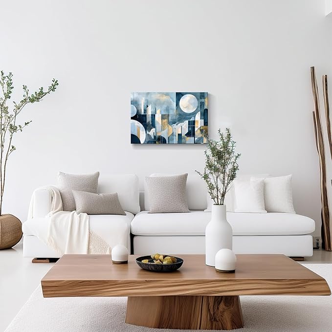 gaosoul Modern Abstract Canvas Wall Art Blue Artistic Cityscape Geometry Paintings Framed Minimalism Stylish Artwork Prints for Living Room Bedroom Office Decor 24x16in