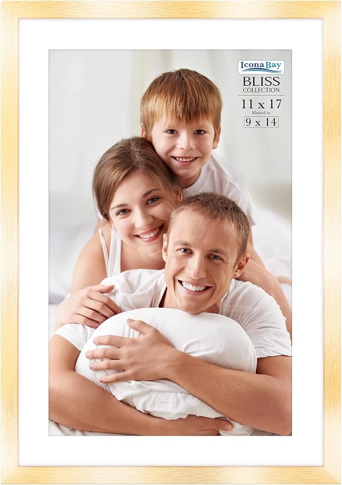 Icona Bay - 11x17 Gold Picture Frame with Removable Mat to 9x14 Photo - Modern Style Engineered Wood Poster Frame - Wall Mount Only - Bliss Collection