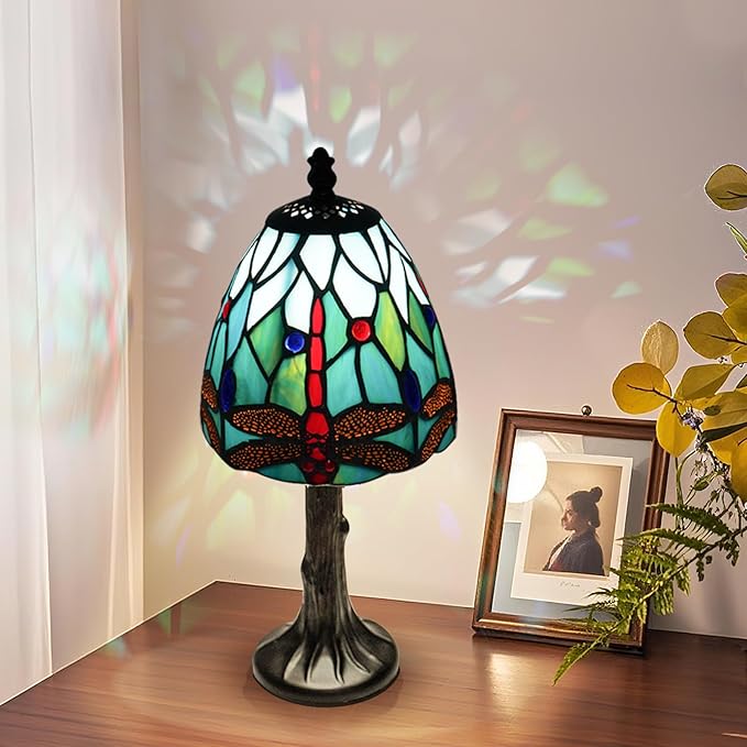 Dragonfly Stained Glass Mini Table Lamp, Handmade Tiffany Style Desk Light with LED Bulb, Easy Assembly, Heavy Stable Base for Bedroom, Living Room, Office & Study.