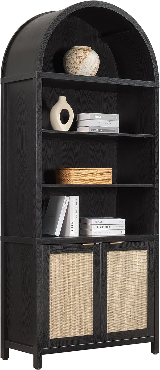 SICOTAS Book Shelf Arched Cabinet Bookshelf Arch 84.2" Tall Bookcase 5 Tier Large Bookshelves with Doors Storage Rattan Boho Wide Book Shelves Case for Living Room Kitchen Office Bedroom Library