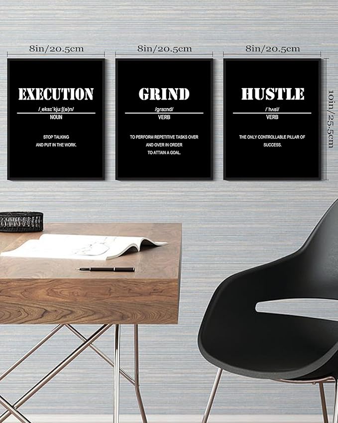 Drsoum Inspirational Office Framed Wall Art Motivational Grind Hustle Success Canvas Wall Decor Encouraging Quotes Sayings Paintings 3 Pieces Artwork Home Bedroom Easy to Hang 8x10in (Black Framed)