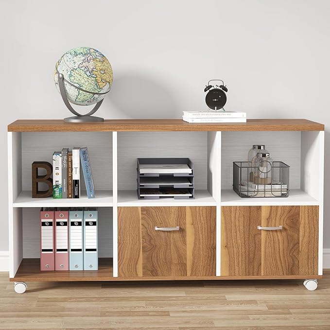 Tribesigns 2 Drawers Lateral File Cabinets, Home Office 47-inch Mobile Wood Filing Cabinet Printer Stand with Wheels and Open Storage Shelves,Drawers for Letter Size (White)