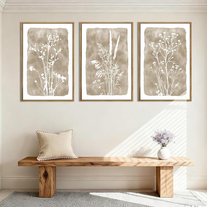 ANHUIB Beige Neutral Floral Canvas Wall Art 16x24 Inch Framed Beige Brown Botanital Wall Decor Large Rustic Farmhouse Wildflower Artwork Vintage Plant Art Prints Set of 3 for Living Room Bedroom Office