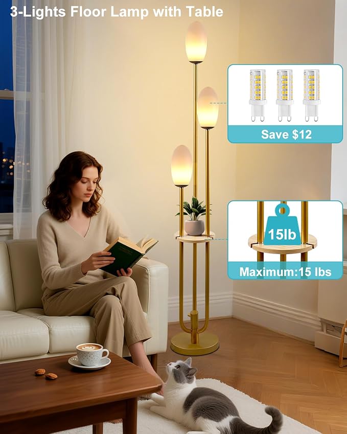 Gold Dimmable Floor Lamp with Table, Unique Candle Holder Style Tall Standing Lamps with 3000K G9 Bulbs for Reading, Mid Century Modern Floor Lamp for Living Room Bedroom Office