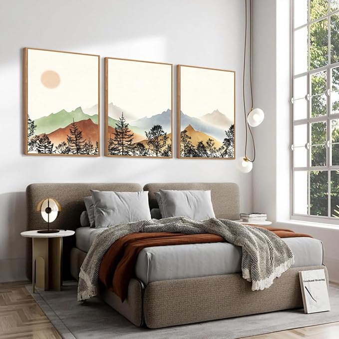 BINCUE Boho Mountain Wall Art Framed Mountain Wall Decor Sun Forest Artwork for Living Room Bedroom Office 16x24 Inches Set of 3