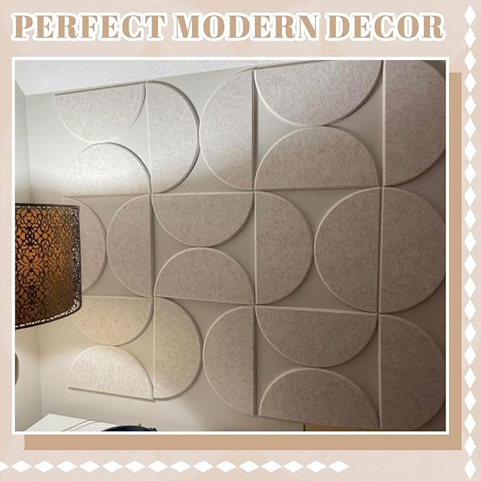 12 Pack Decorative Bulletin Board Felt Wall Tiles Bulk 11.8"x5.9" Semi-Circle Large Wall Art with Removable Adhesive Tabs for Customizable DIY Home Office Decoration Gift (White)