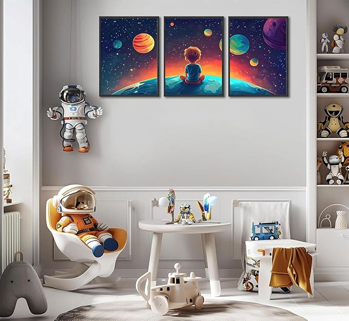 3Pcs Space Boy Wall Art Cute Inspirational Canvas Painting Space Fantasy Wall decor pictures with Planet Pattern posters Prints for Child’s Bedroom Office and Home Decoration Unframed 12x16in posters