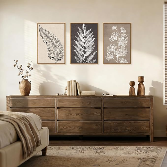 HOURIA Abstract Boho Fern Leaf Floral Framed Canvas Wall Art Set,Vintage Botanical Leaves Wildflower Decor,Modern Minimalist Nature Inspired Beige & Brown Artwork for Living Room,Farmhouse-16 x24 x3