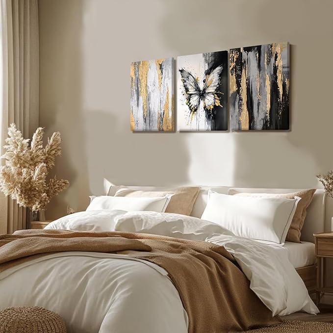 NCCXNCC 3Pcs Abstract Black and Gold Flowing Butterfly Canvas Wall Art Modern Minimalist Wall Decoration Artwork Black and White Abstract Poster Print Suitable for Living Room/Office16x24Inch Framed