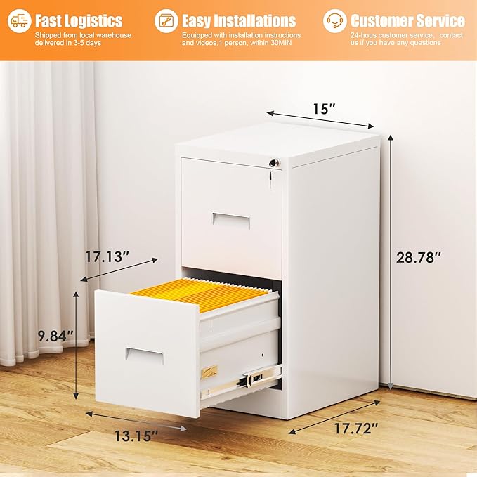 INTERGREAT 2 Drawers File Cabinet with Lock, 18" D Metal White Vertical Filing Cabinet for Hanging Folders, Easy Assemble