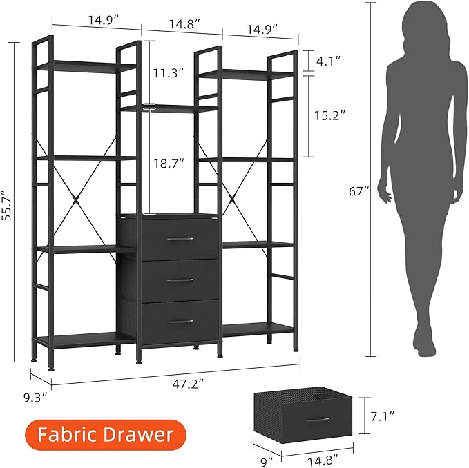 Triple Bookshelf with 3 Fabric Drawers, 4-Tier Book Shelf and 10 Display Shelves, Industrial Large Bookcase for Home & Office, Black, 47'' Wide