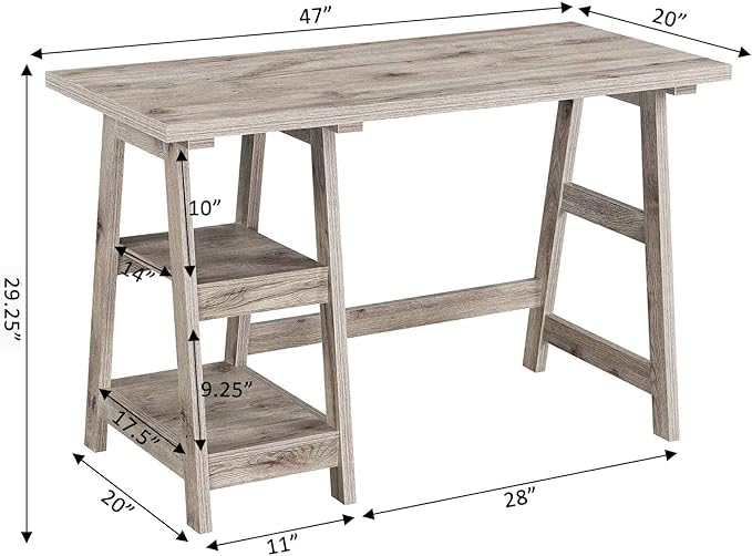 Convenience Concepts Designs2Go Trestle Desk 47" - Modern Desk or Vanity with Shelves, for Office, Dorm, Living Room, Sandstone