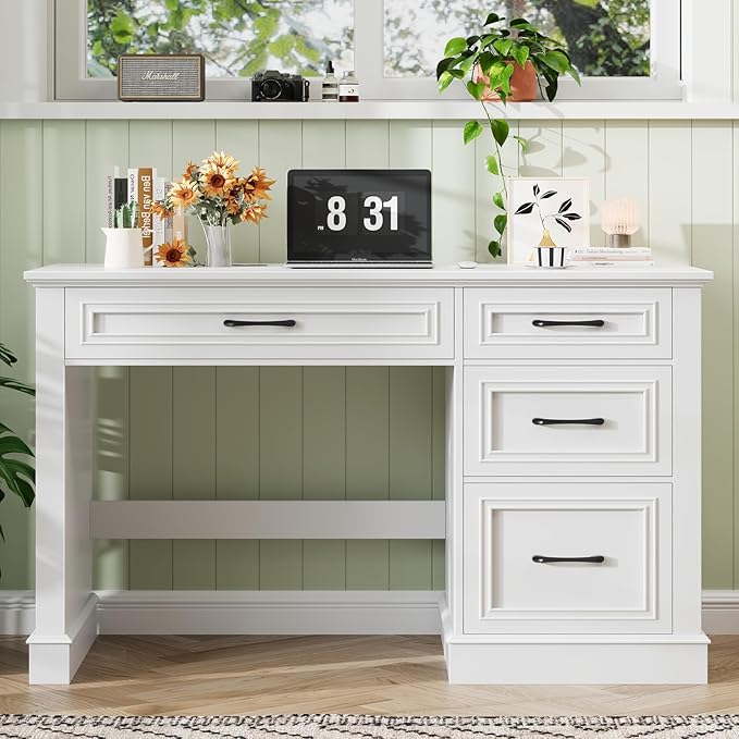 Farmhouse 47" Executive Desk with 4 Drawers, Computer Desk with File Drawer, Workstation for Study, Home Office, Writing, Cream White.