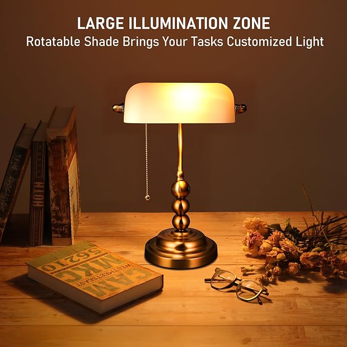 TORCHSTAR Ivory White Glass Bankers Desk Lamp, Antique Desk Lamps with Retro Weighted Base, Traditional Library Lamp with Pull Chain, E26 Base, Vintage Desk Lamp for Office, Study Room