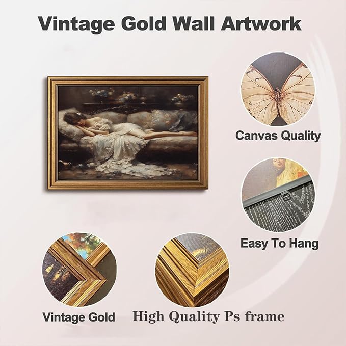 Gold Framed Wall Art Vintage Canvas Wall Art Tired Woman Moody Victorian Artwork Prints Picture for Living Room Bedroom Farmhouse Bathroom Office Decor, 12x16