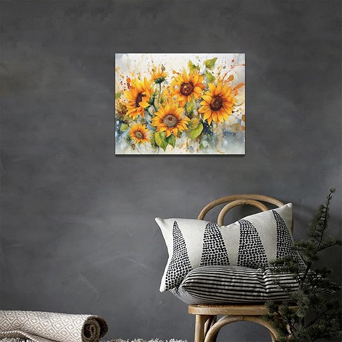 yerretin Sunflower Wall Art Watercolor Pictures Wall Decor Rustic Sunflower Canvas Farmhouse Print Artwork Home Decorations for Living Room Bedroom Bathroom Office Framed 16"x12"