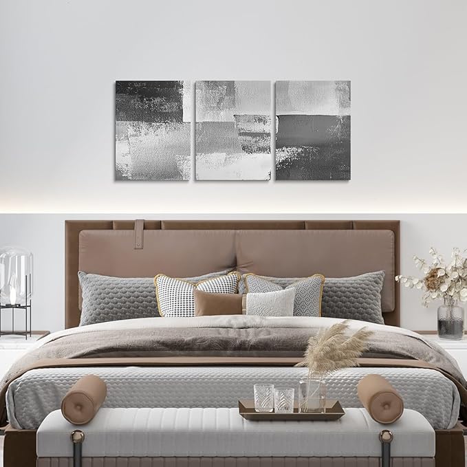 jejeloiu 12"x16"x3pcs Abstract Oil Painting Office Decorations Artwork Posters Abstract Art 3 Piece Canvas Wall Art for Living Room Bedroom Gray Modern Picture Wall Decor
